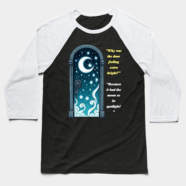 a door, moon bright in background, saying Baseball T-Shirt by zinfulljourney